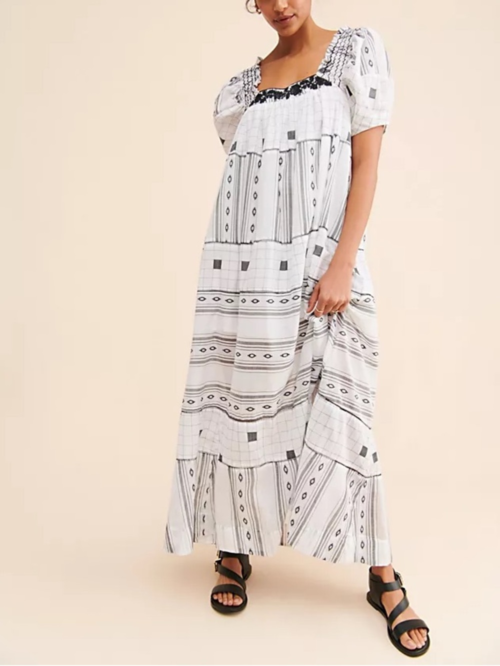 Free People Jamie Embroidered Black White Puff Sleeve Tie Low Back Maxi Dress S